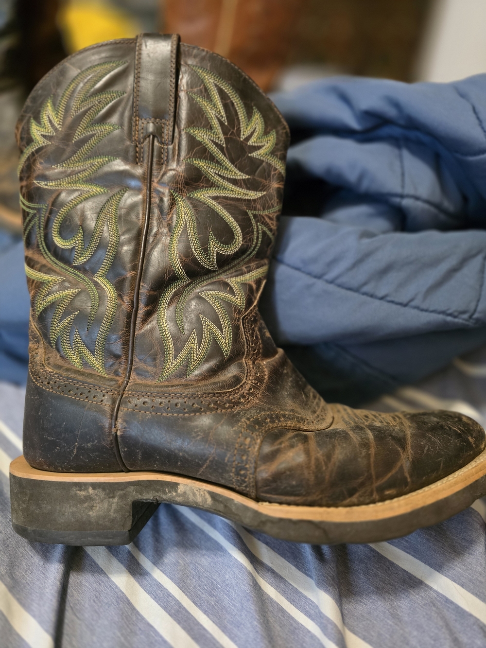 Ariat Dark Brown Leather Western Boots with Green Stitching